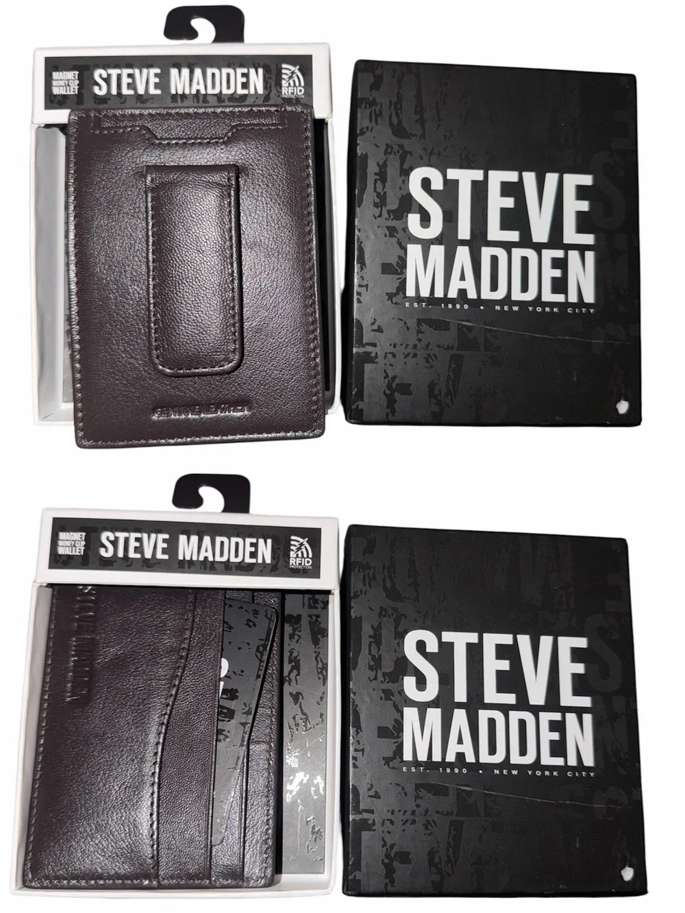*new* Steve Madden Brown Leather Card Holder & Money Clip RFID Wallet